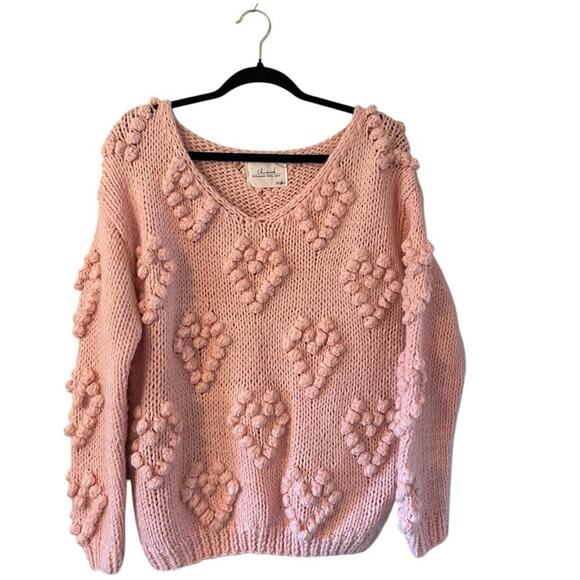 Chic Wish Heart Pom Pom Sweater V Neck Pink Hand Knitted Size S/M Wool Blend NWT - Picture 1 of 6